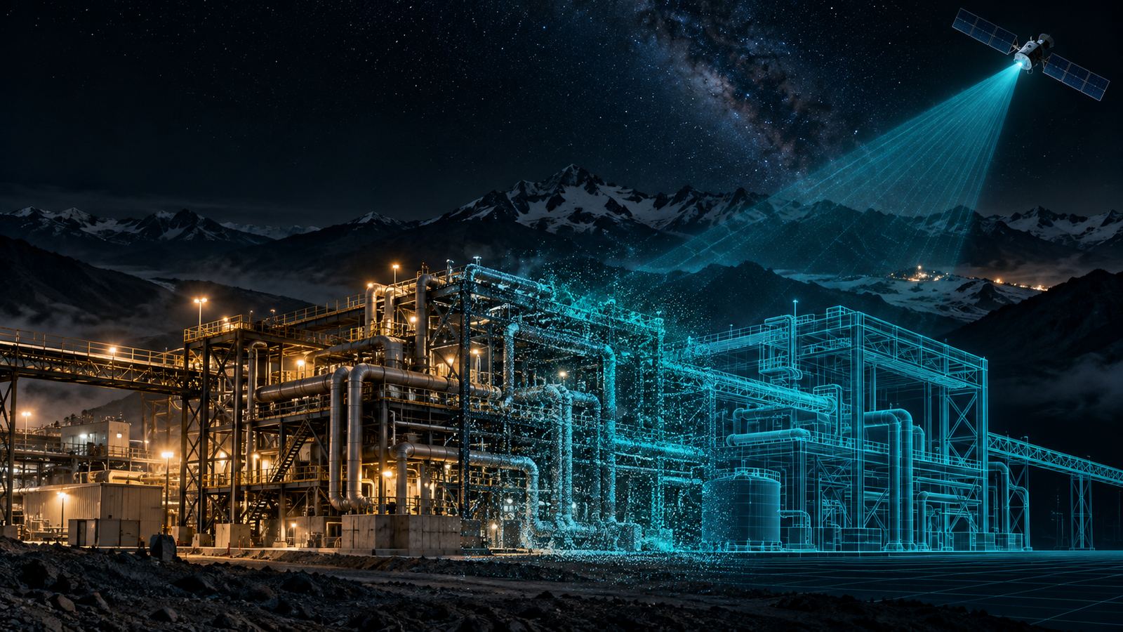 Planta industrial que pasa de fotografía real a nube de puntos y a modelo BIM en líneas, ilustración