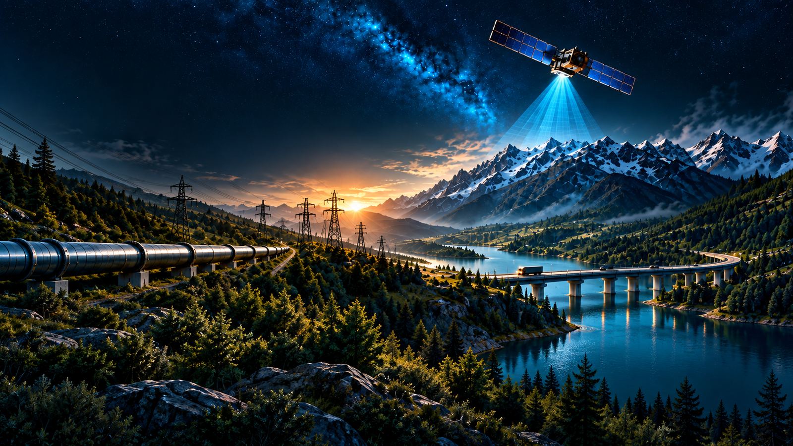 Corredor de infraestructura con ducto y puente sobre un lago, observado desde un satélite